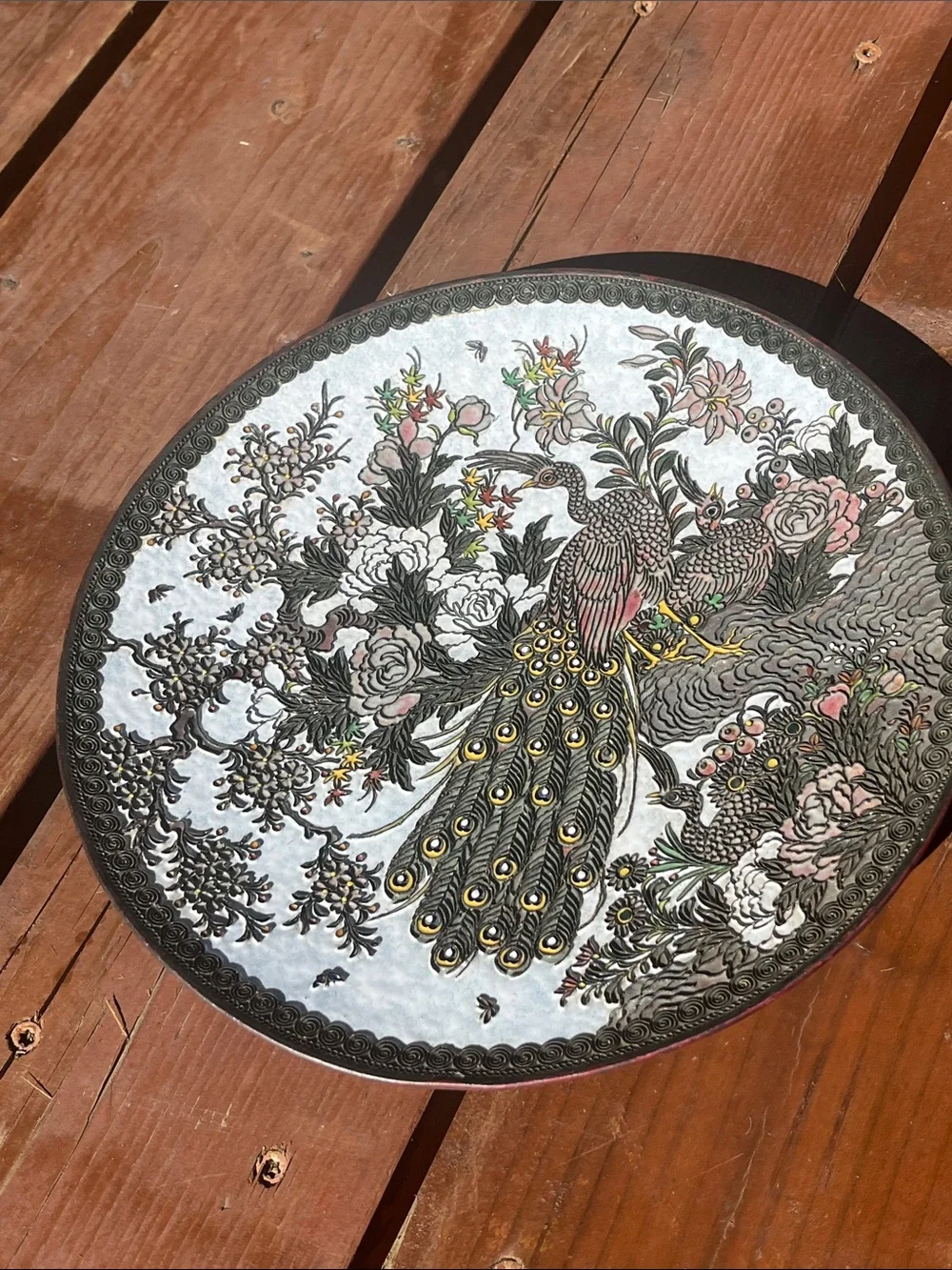 Metal scroll work Cloisonne plate bird and floral Design